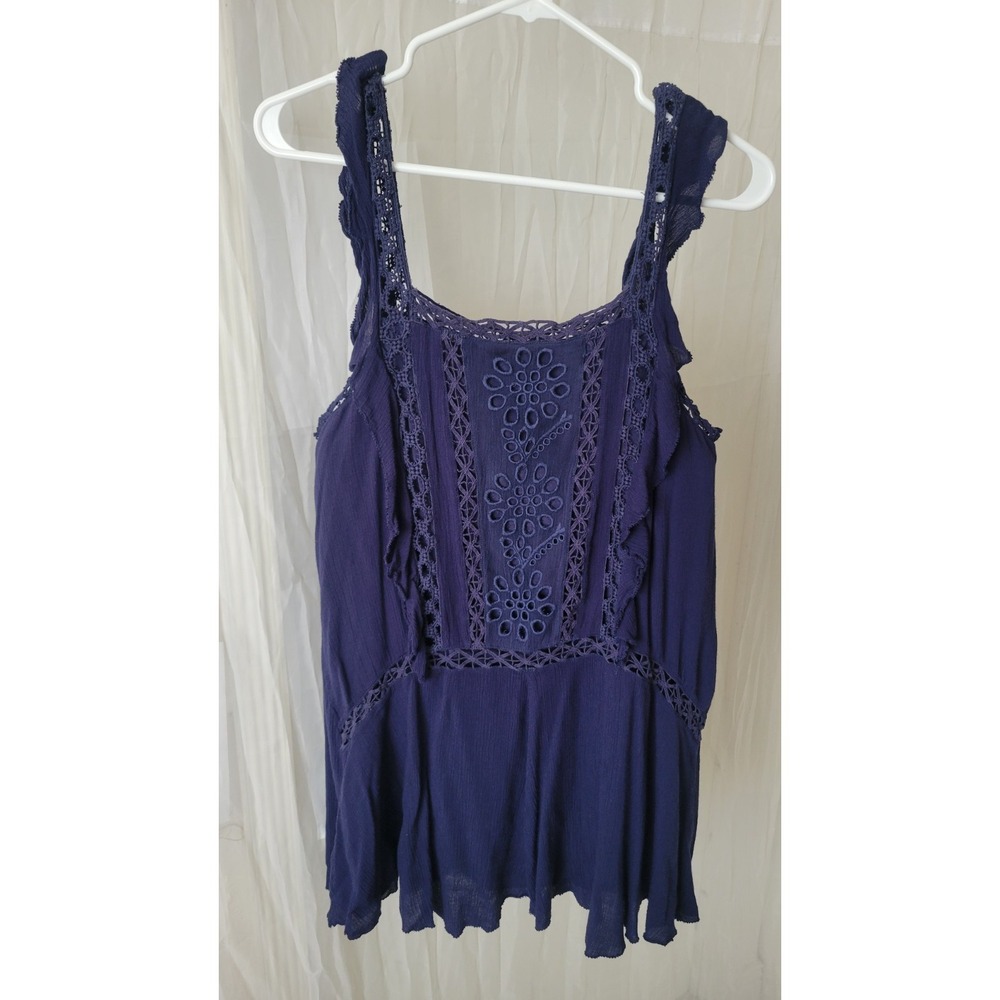 Free people FP Onel Priscilla Mini Dress S Navy Eyelet Crochet Lace Boho Tunic